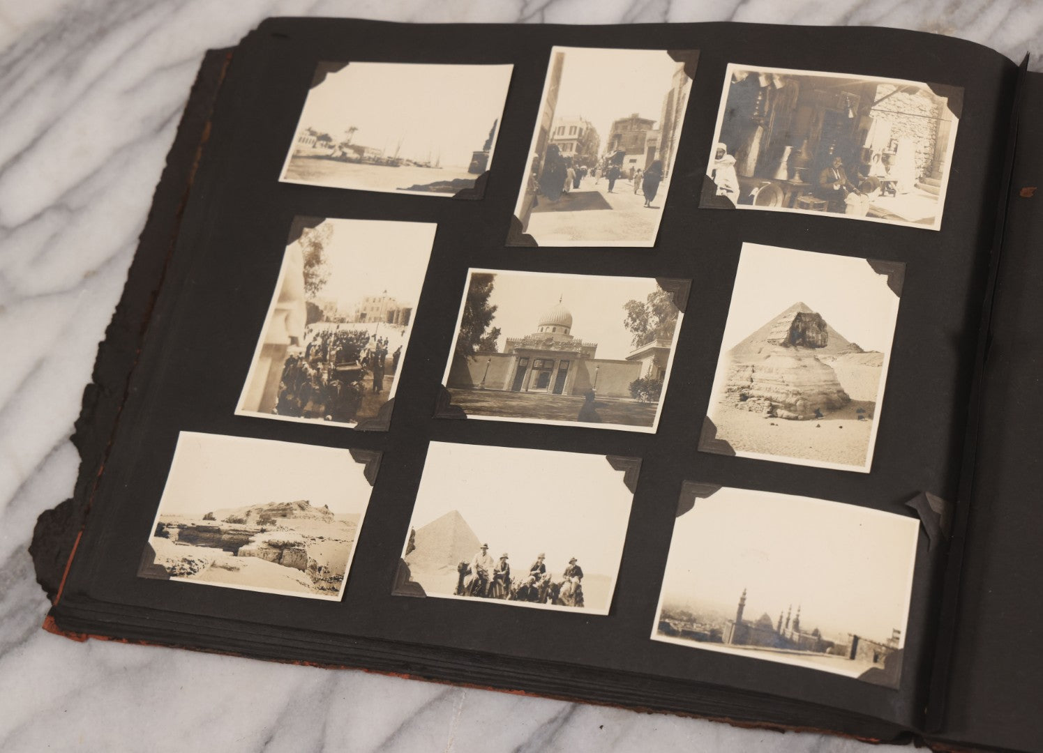 Lot 013 - Antique Snapshot Photo Album Containing 250+ Photographs Including Baseball Game & Player In An "Amherst" Jersey, Travel On Ship "Cape Diamond," Quebec, Italy, Hot Air Balloons, Early Passenger Airplane, Egyptian Pyramids And Sphinx, Circa 1920