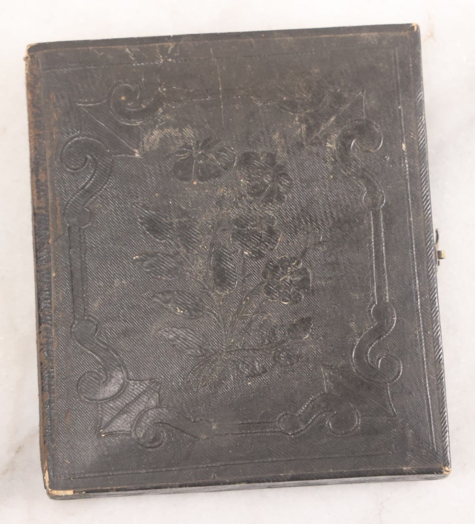 Lot 016 - Antique 1/6th Plate Tintype Photograph Of Young Boy Wearing Military Style Hat And Leaning Against Chair, In Full Intact Leatherette Union Case