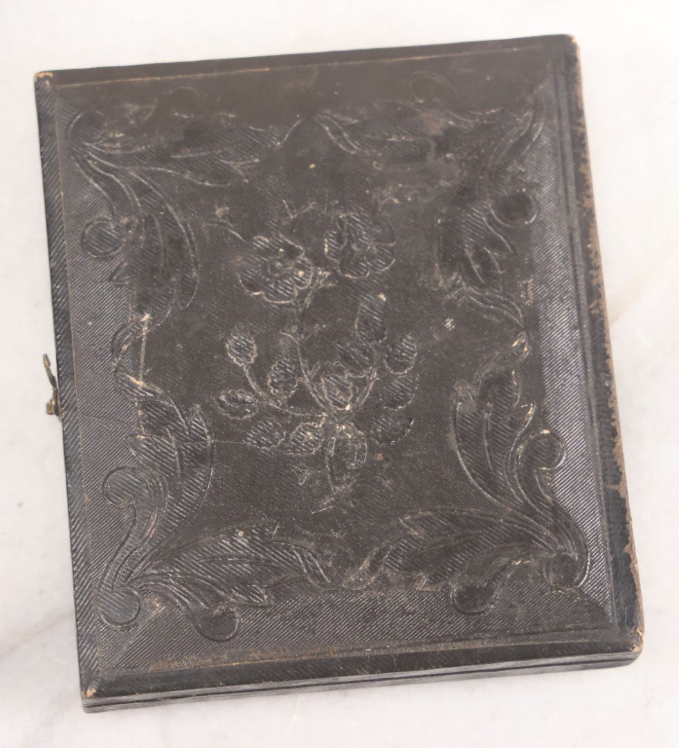 Lot 016 - Antique 1/6th Plate Tintype Photograph Of Young Boy Wearing Military Style Hat And Leaning Against Chair, In Full Intact Leatherette Union Case