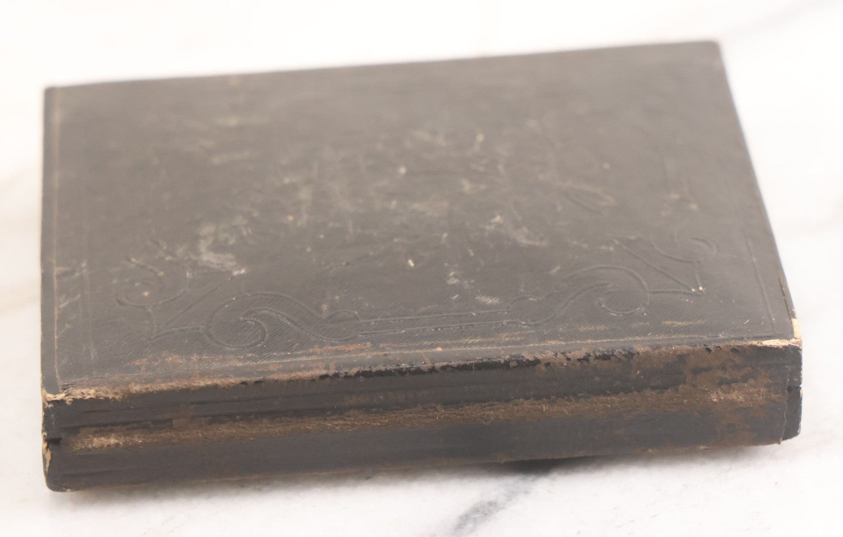 Lot 016 - Antique 1/6th Plate Tintype Photograph Of Young Boy Wearing Military Style Hat And Leaning Against Chair, In Full Intact Leatherette Union Case