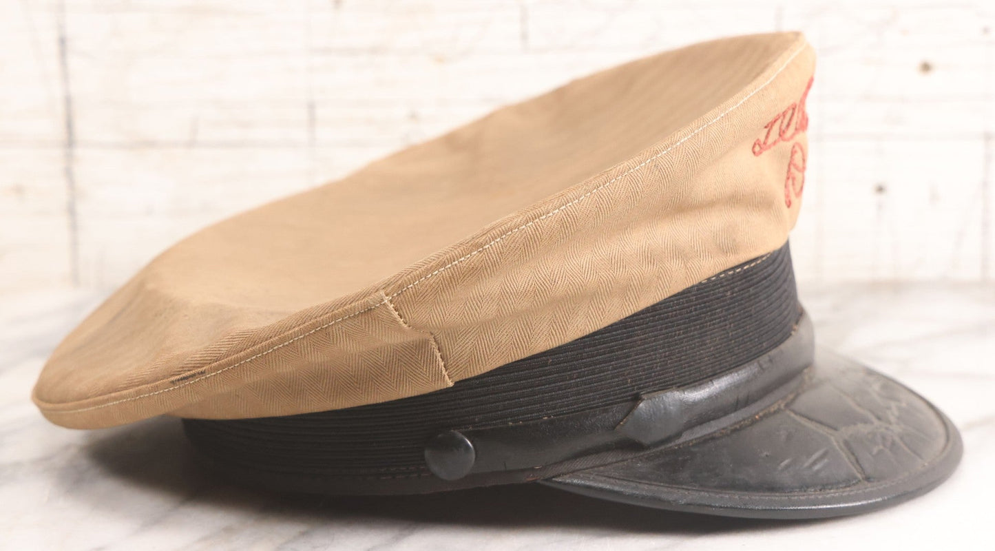 Lot 018 - Vintage "Tel's Dairy" Hand Embroidered Milkman's Cap With Red Stitching On Beige Fabric, Size 7-1/4