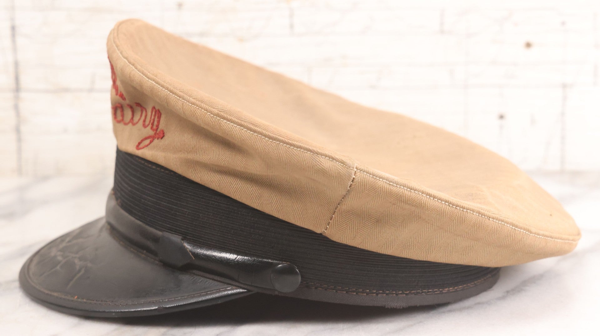 Lot 018 - Vintage "Tel's Dairy" Hand Embroidered Milkman's Cap With Red Stitching On Beige Fabric, Size 7-1/4