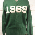 Lot 019 - Vintage Green Men's Knit 1969 College Sweater, Manufactured By Burean Holloway, Marked Size 42, Belonged To Ron Hillberry, With Hand-Stitched Name Tag