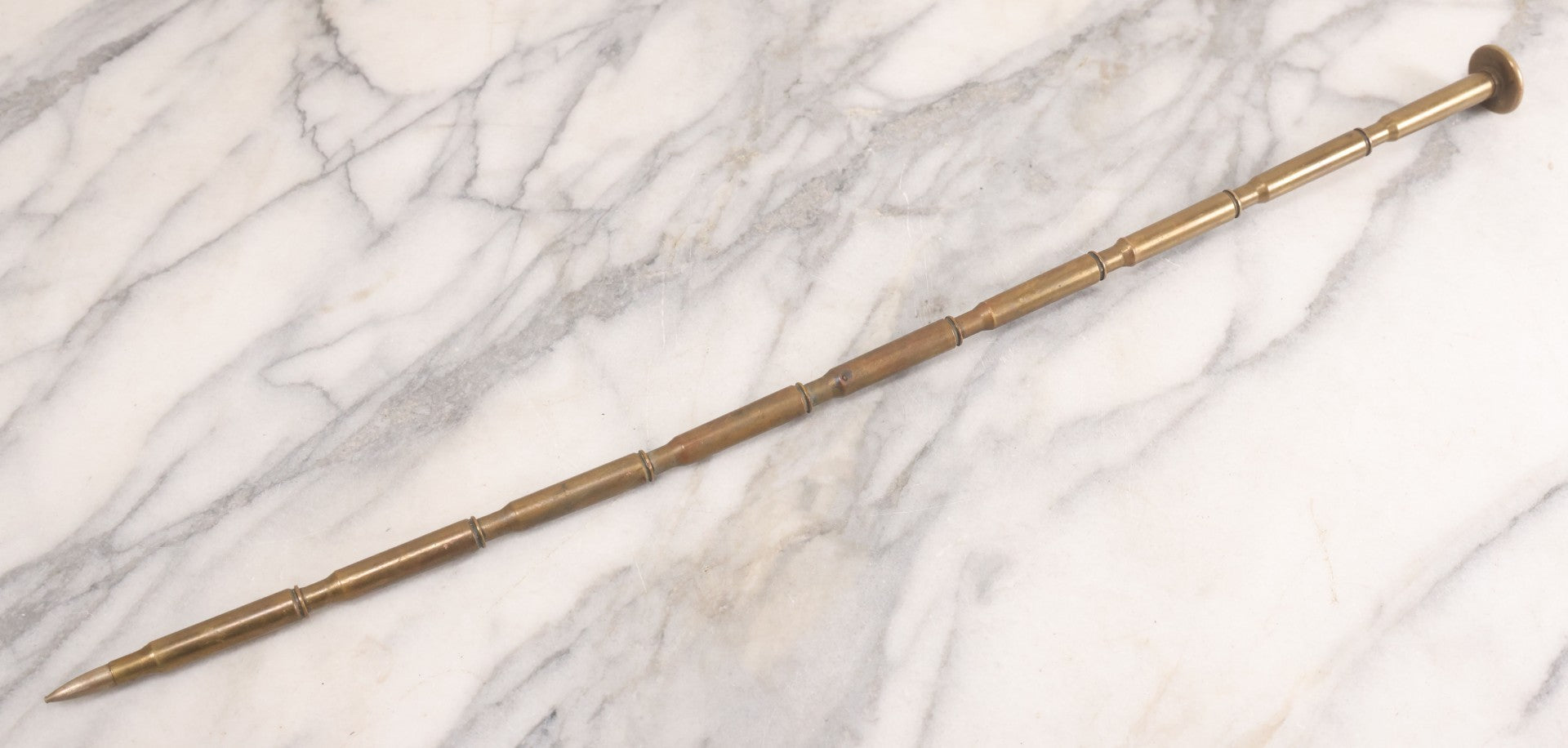 Lot 021 - Vintage Trench Art Bullet Shell Casing Brass Swagger Stick Cane, 23-1/4" Length