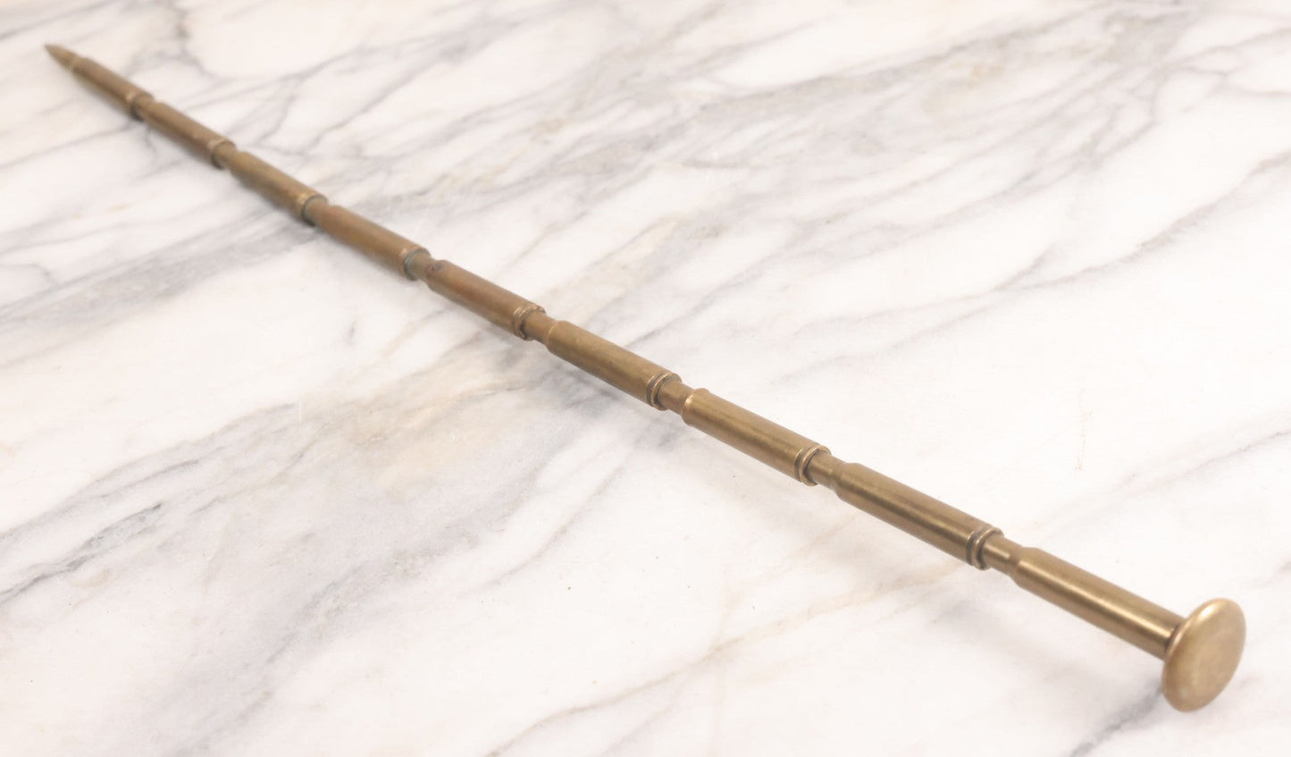 Lot 021 - Vintage Trench Art Bullet Shell Casing Brass Swagger Stick Cane, 23-1/4" Length