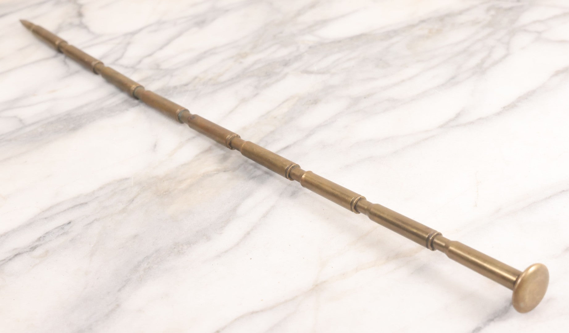 Lot 021 - Vintage Trench Art Bullet Shell Casing Brass Swagger Stick Cane, 23-1/4" Length