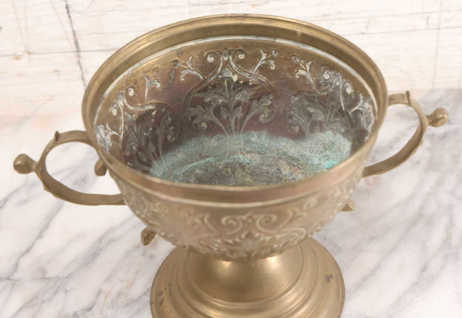 Lot 022 - Antique Pressed Brass Decorative Two-Handled Urn With Foliate Pattern Design And Weighted Base, 6-1/8" Height