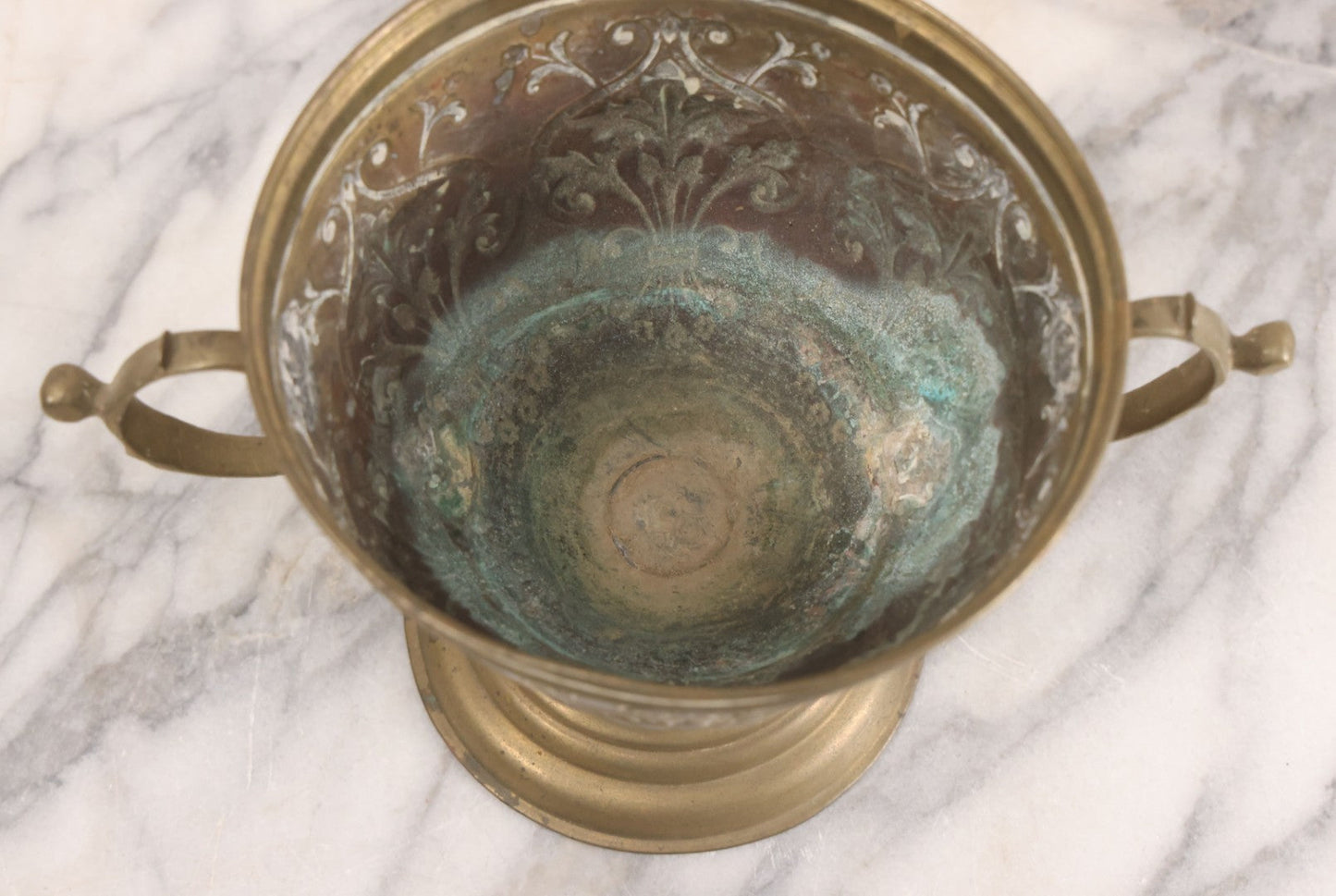 Lot 022 - Antique Pressed Brass Decorative Two-Handled Urn With Foliate Pattern Design And Weighted Base, 6-1/8" Height