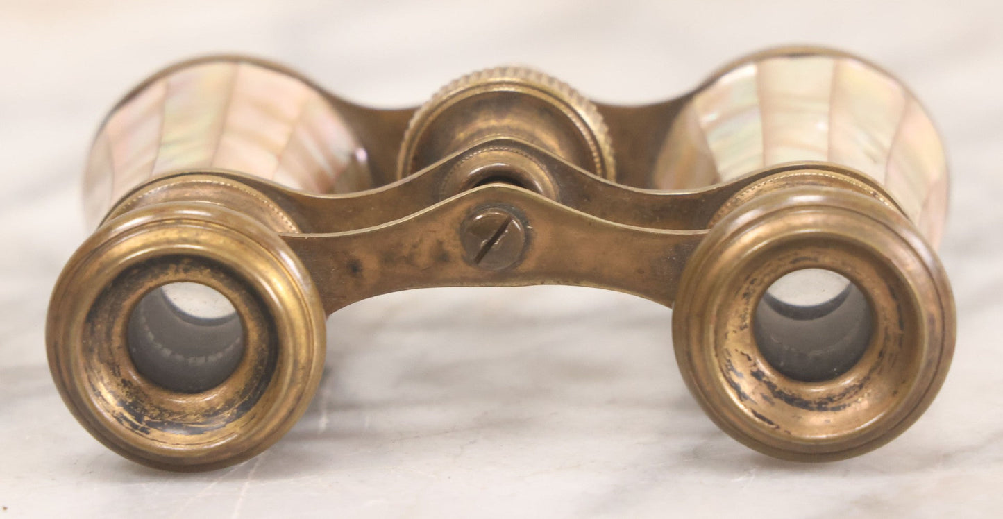 Lot 023 - Antique Pair Of Mother Of Pearl And Brass Opera Glasses Binoculars, Unmarked, Working Condition