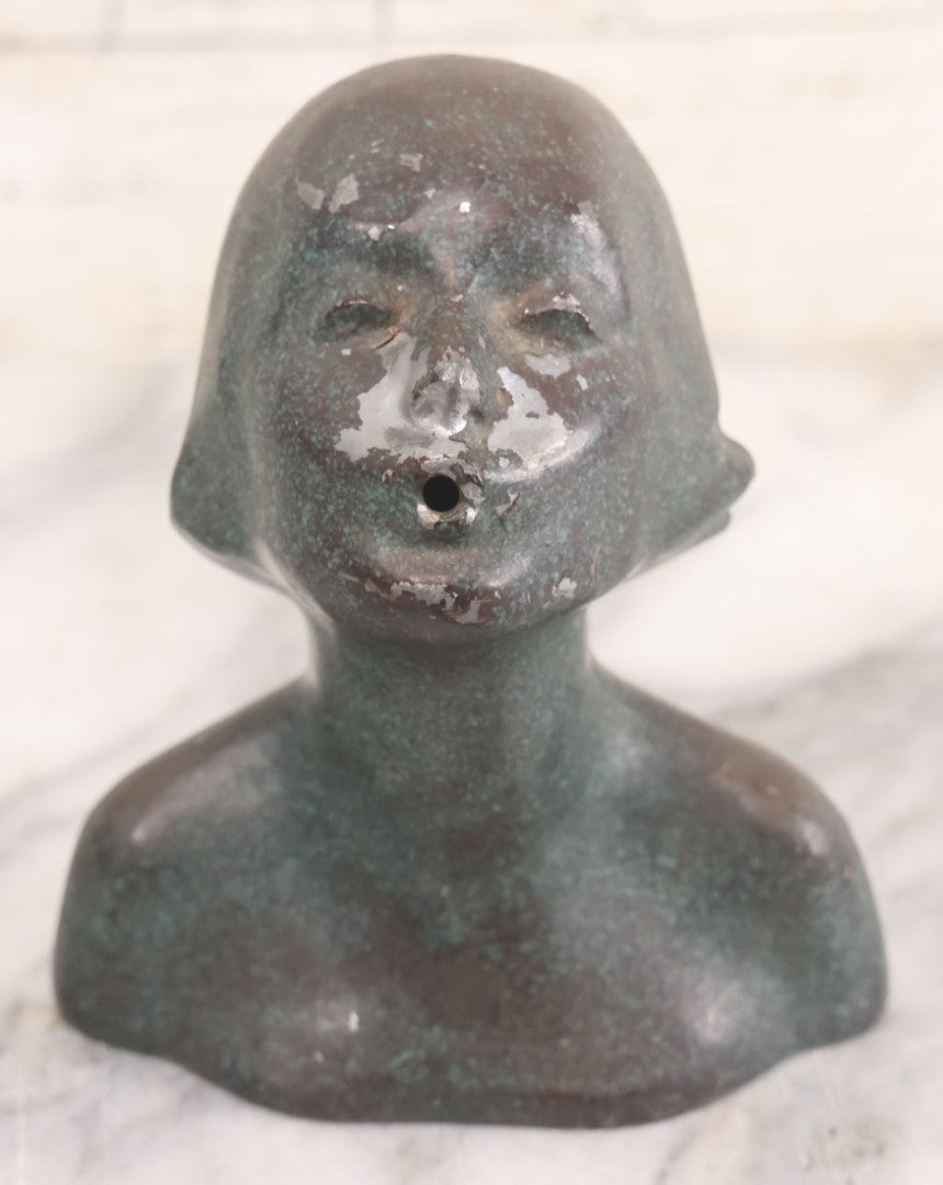 Lot 024 - Antique Art Deco Woman Head Bust Incense Burner With Speckled Green And Bronze Finish, Copyright 1923, 5" Height