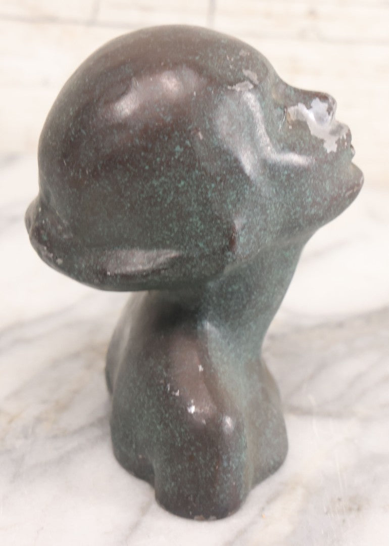 Lot 024 - Antique Art Deco Woman Head Bust Incense Burner With Speckled Green And Bronze Finish, Copyright 1923, 5" Height
