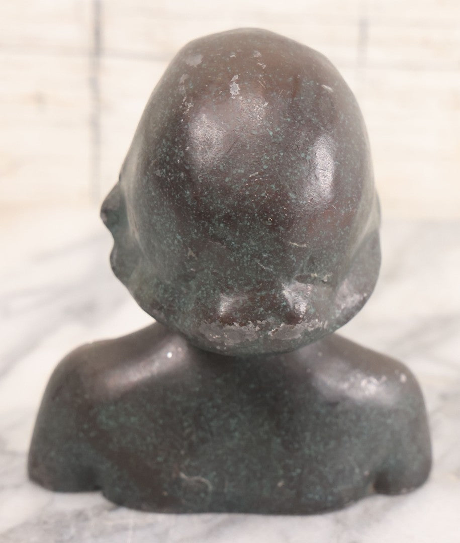 Lot 024 - Antique Art Deco Woman Head Bust Incense Burner With Speckled Green And Bronze Finish, Copyright 1923, 5" Height
