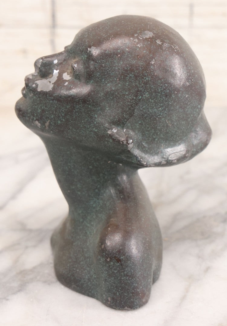 Lot 024 - Antique Art Deco Woman Head Bust Incense Burner With Speckled Green And Bronze Finish, Copyright 1923, 5" Height