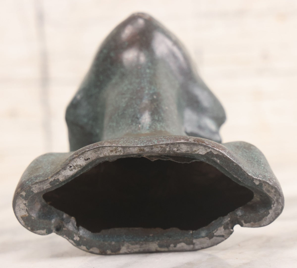 Lot 024 - Antique Art Deco Woman Head Bust Incense Burner With Speckled Green And Bronze Finish, Copyright 1923, 5" Height