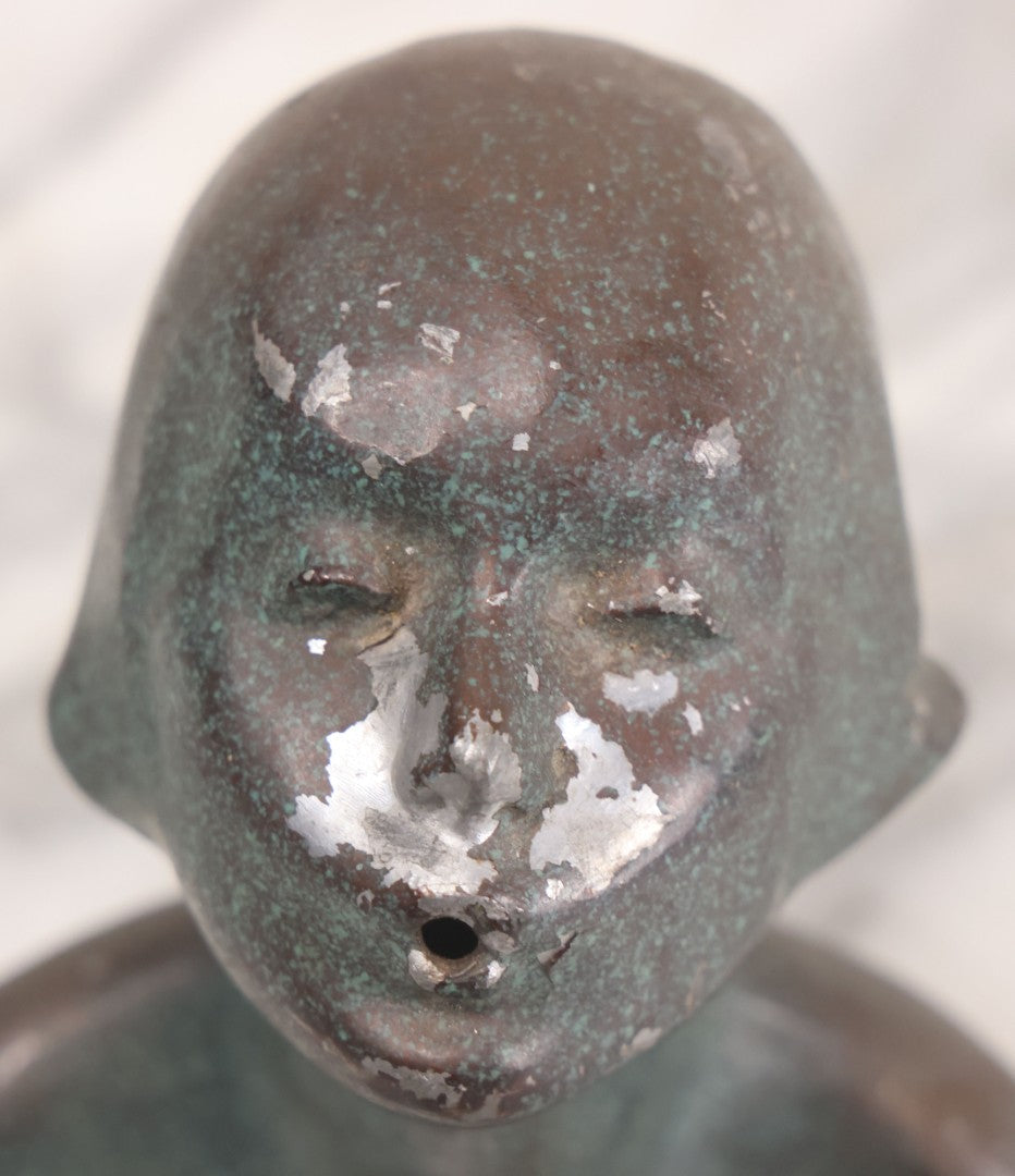 Lot 024 - Antique Art Deco Woman Head Bust Incense Burner With Speckled Green And Bronze Finish, Copyright 1923, 5" Height