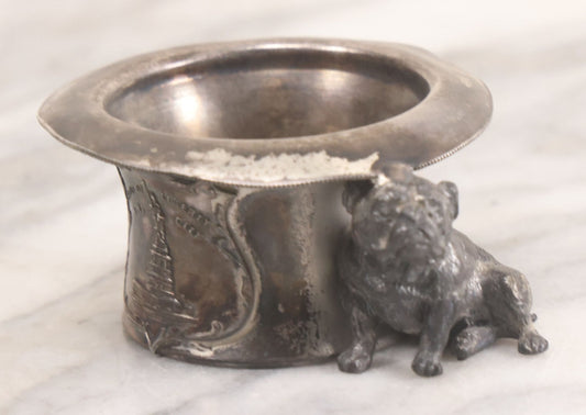 Lot 025 - Antique Souvenir Silverplate Metal Toothpick Holder With Bulldog Figure, Souvenir Of Statue Of Liberty, New York City, Manufactured By Kronheimer Oldenbusch & Co., 1-1/2" Height