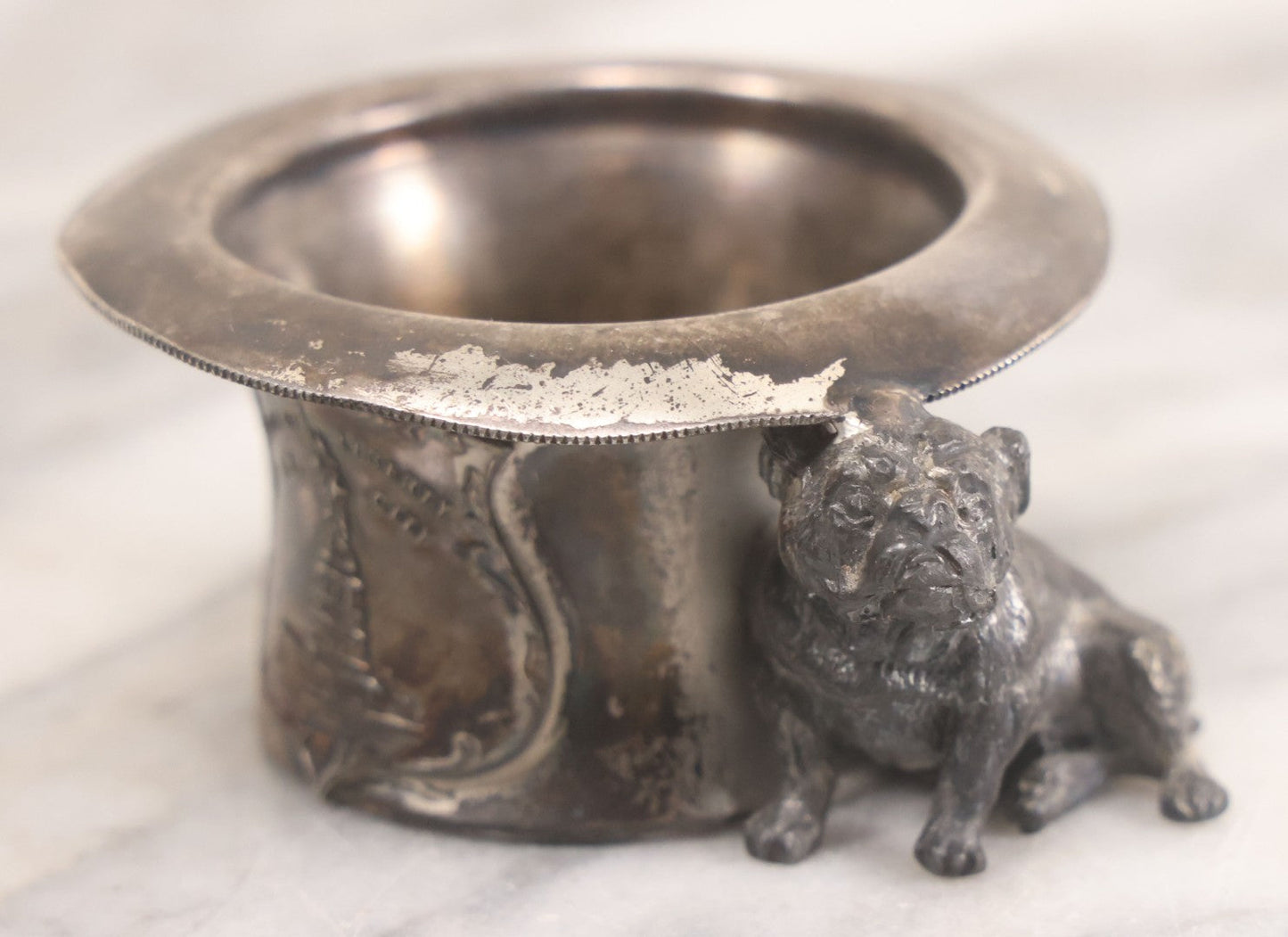 Lot 025 - Antique Souvenir Silverplate Metal Toothpick Holder With Bulldog Figure, Souvenir Of Statue Of Liberty, New York City, Manufactured By Kronheimer Oldenbusch & Co., 1-1/2" Height
