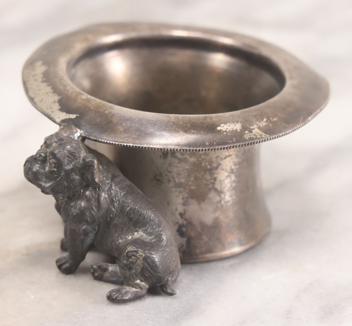 Lot 025 - Antique Souvenir Silverplate Metal Toothpick Holder With Bulldog Figure, Souvenir Of Statue Of Liberty, New York City, Manufactured By Kronheimer Oldenbusch & Co., 1-1/2" Height