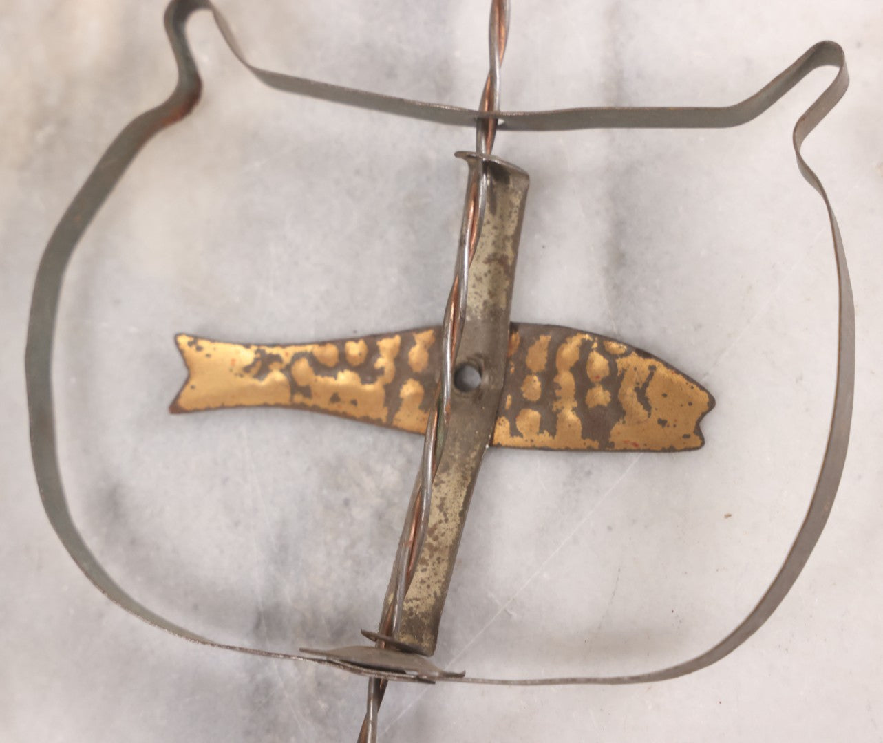 Lot 027 - Vintage Spinning Tin Fish Novelty Toy, Topped With Yellow Flag, "Toyland Rays: Home Of Santa Claus"