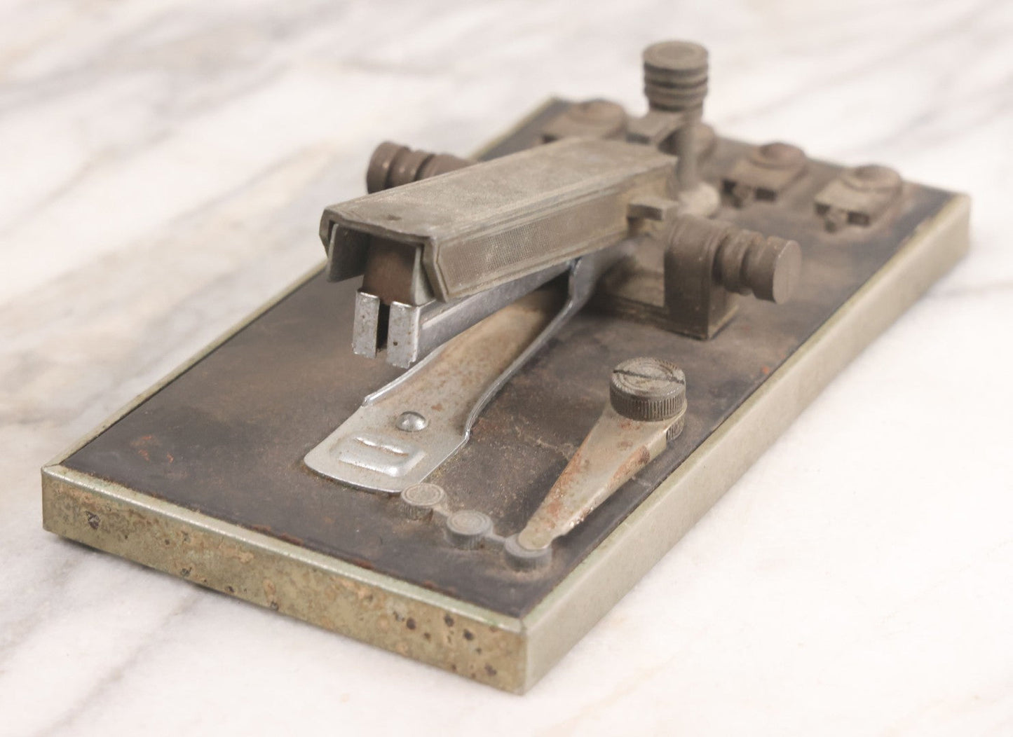 Lot 028 - Vintage Metal Novelty Desk Stapler With Morse Code Telegraph Key Form, Copyright 1967 By Criterion International Ltd.