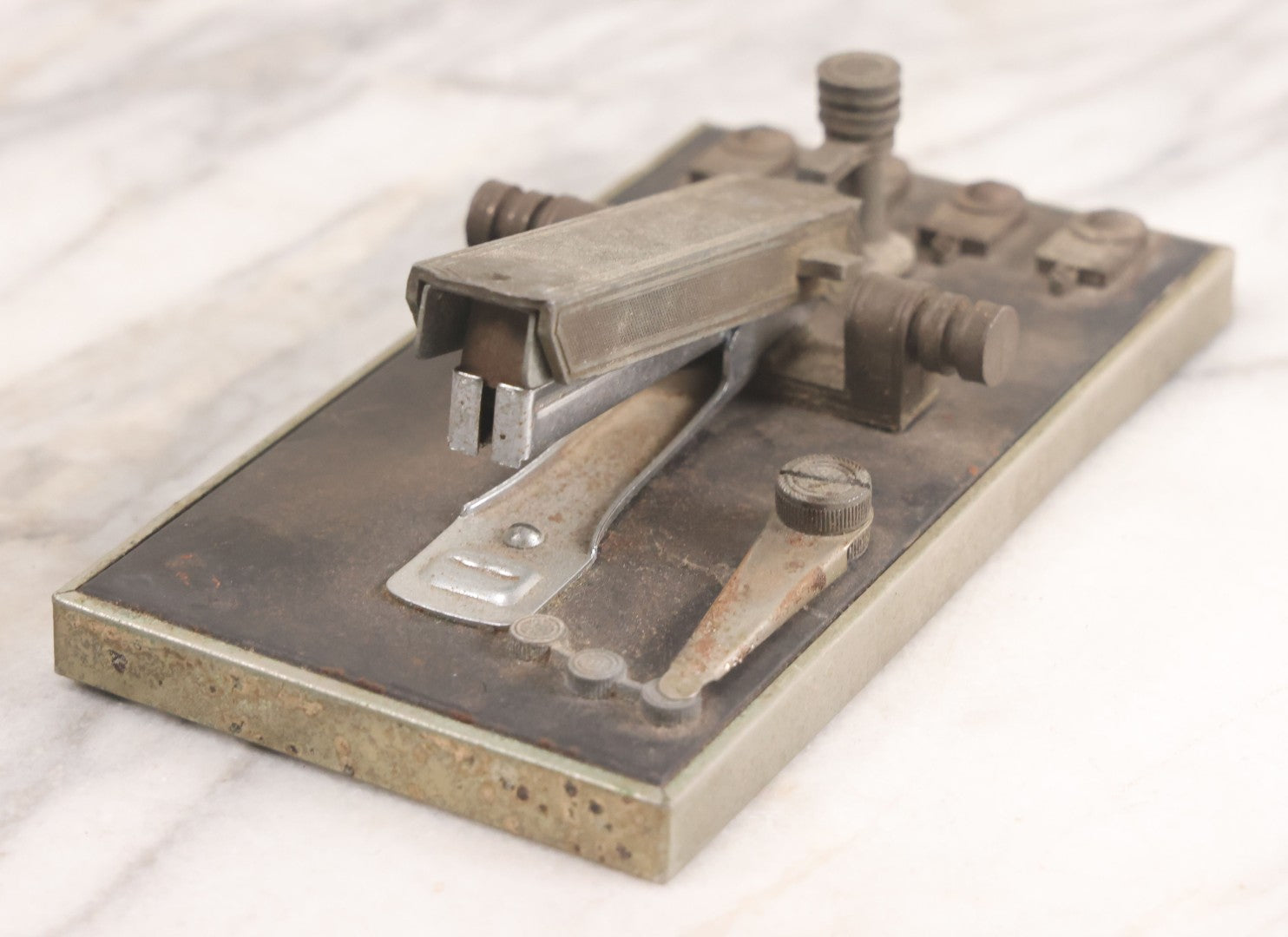 Lot 028 - Vintage Metal Novelty Desk Stapler With Morse Code Telegraph Key Form, Copyright 1967 By Criterion International Ltd.