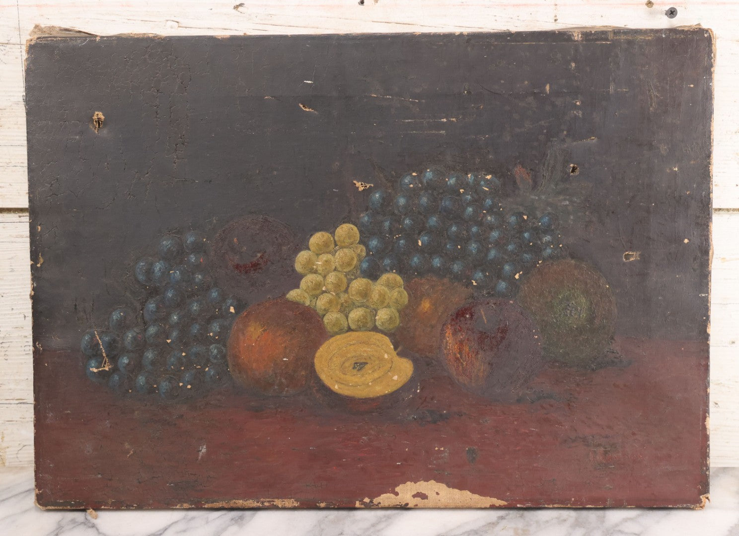 Lot 031 - Antique 19th Century Oil On Canvas Still Life Painting Of Fruit, Apples, Grapes, Etc., Note Heavy Wear And Tear, Poor Condition, Artist Signed Lower Right, Illegible, 20" x 14"