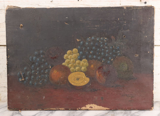 Lot 031 - Antique 19th Century Oil On Canvas Still Life Painting Of Fruit, Apples, Grapes, Etc., Note Heavy Wear And Tear, Poor Condition, Artist Signed Lower Right, Illegible, 20" x 14"
