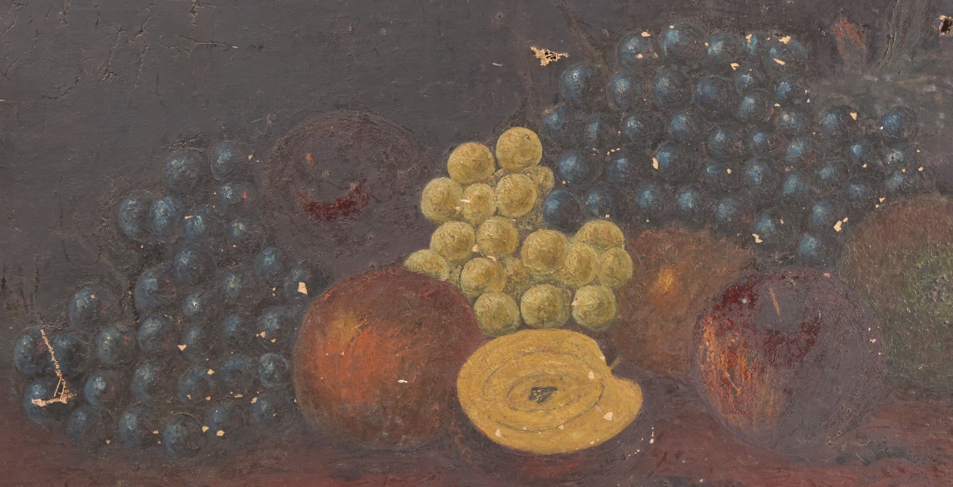 Lot 031 - Antique 19th Century Oil On Canvas Still Life Painting Of Fruit, Apples, Grapes, Etc., Note Heavy Wear And Tear, Poor Condition, Artist Signed Lower Right, Illegible, 20" x 14"