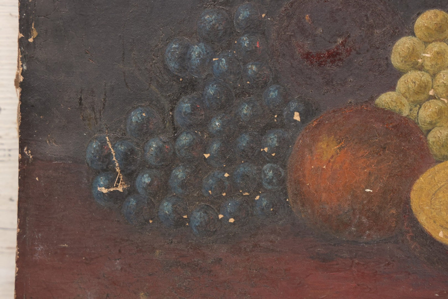 Lot 031 - Antique 19th Century Oil On Canvas Still Life Painting Of Fruit, Apples, Grapes, Etc., Note Heavy Wear And Tear, Poor Condition, Artist Signed Lower Right, Illegible, 20" x 14"