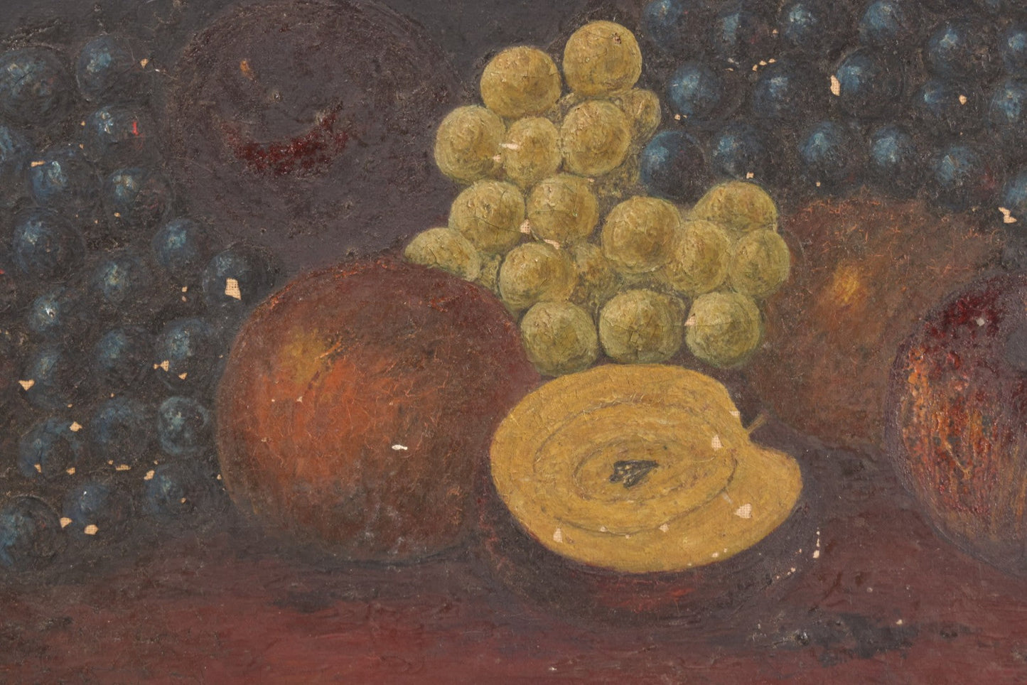 Lot 031 - Antique 19th Century Oil On Canvas Still Life Painting Of Fruit, Apples, Grapes, Etc., Note Heavy Wear And Tear, Poor Condition, Artist Signed Lower Right, Illegible, 20" x 14"