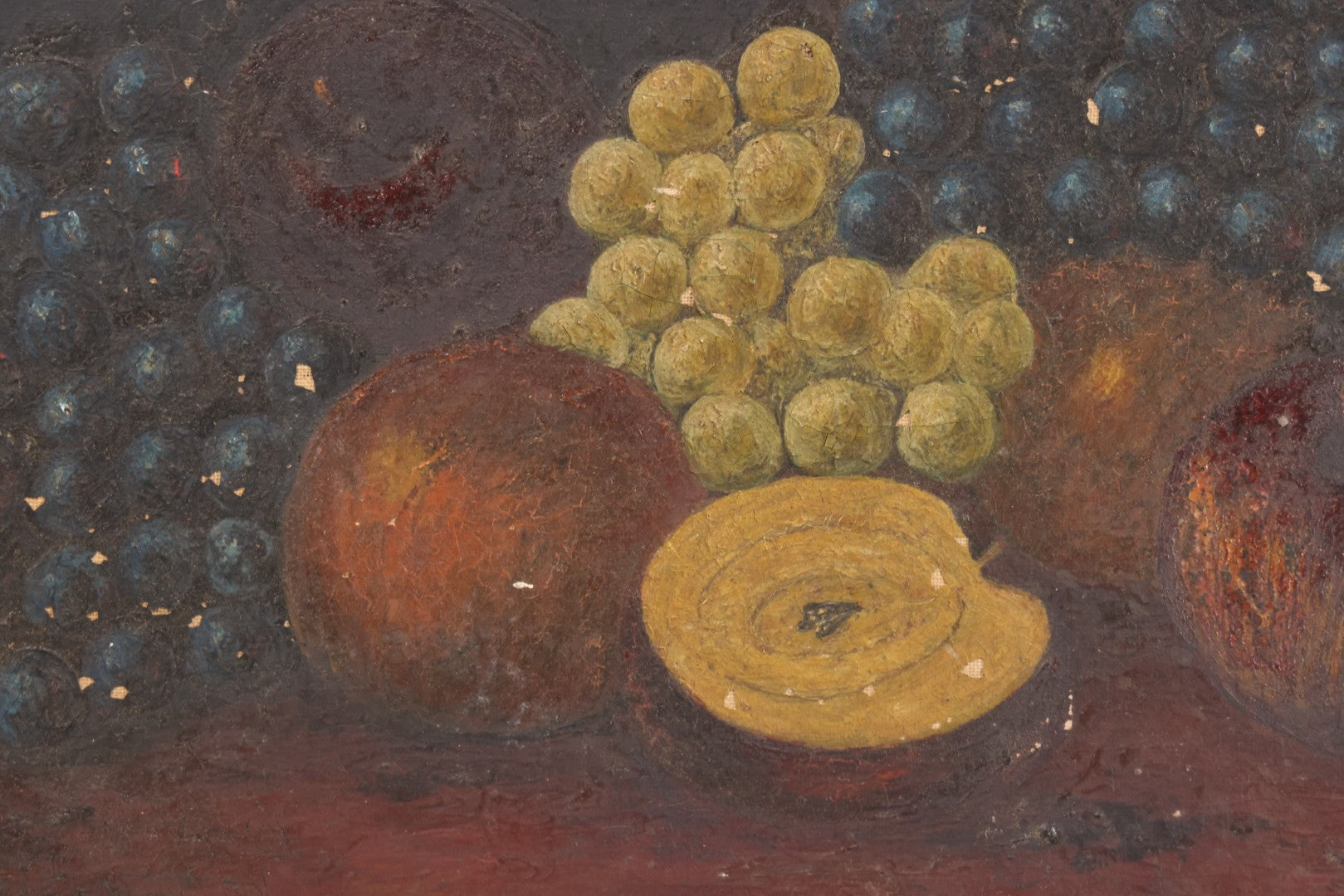Lot 031 - Antique 19th Century Oil On Canvas Still Life Painting Of Fruit, Apples, Grapes, Etc., Note Heavy Wear And Tear, Poor Condition, Artist Signed Lower Right, Illegible, 20" x 14"