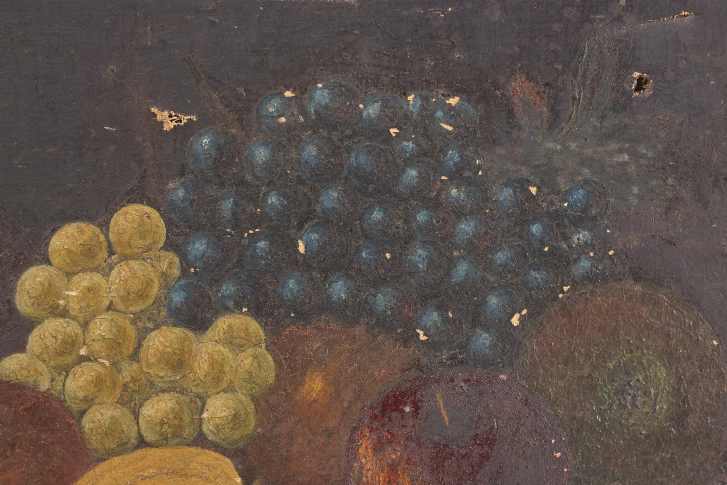 Lot 031 - Antique 19th Century Oil On Canvas Still Life Painting Of Fruit, Apples, Grapes, Etc., Note Heavy Wear And Tear, Poor Condition, Artist Signed Lower Right, Illegible, 20" x 14"