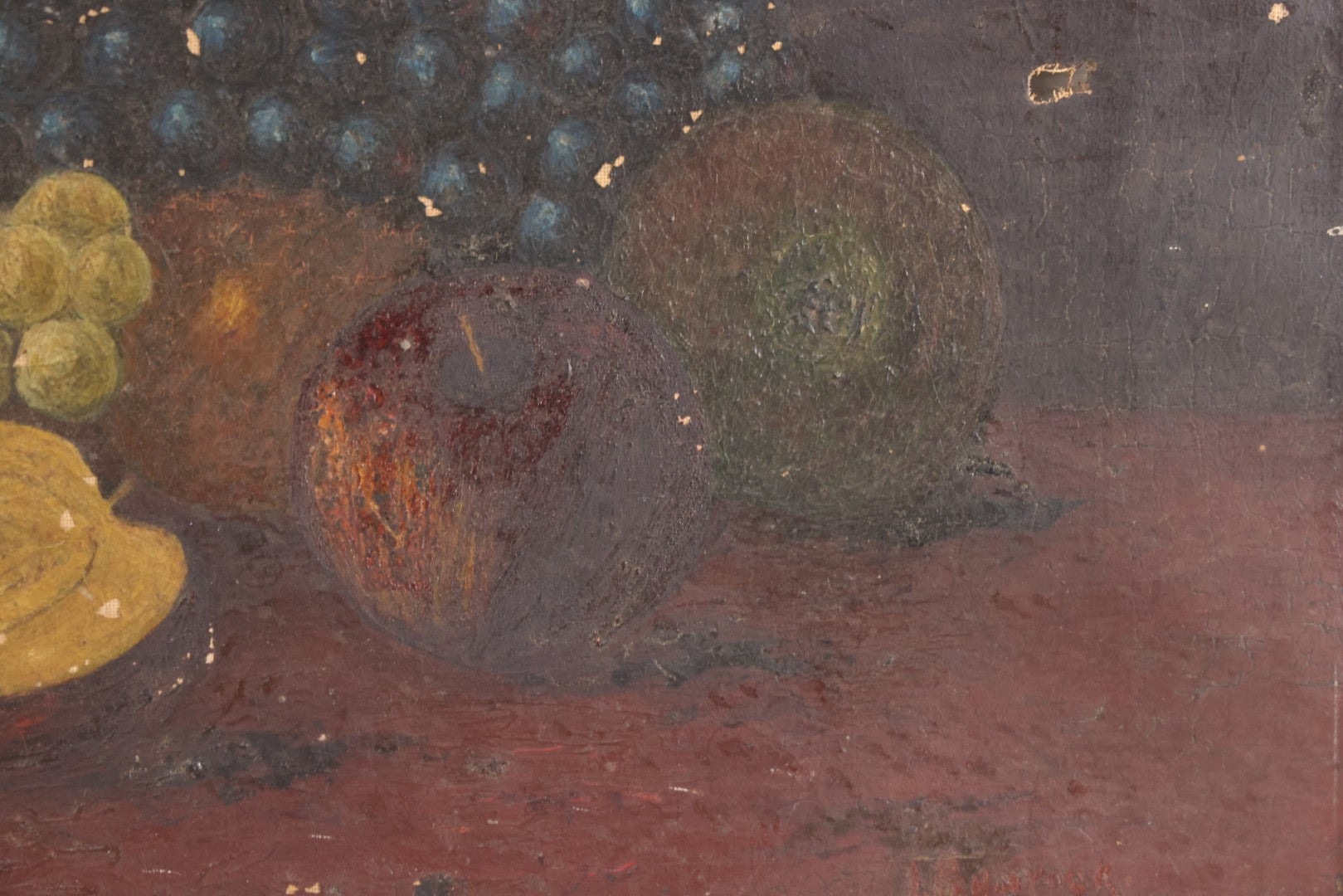 Lot 031 - Antique 19th Century Oil On Canvas Still Life Painting Of Fruit, Apples, Grapes, Etc., Note Heavy Wear And Tear, Poor Condition, Artist Signed Lower Right, Illegible, 20" x 14"