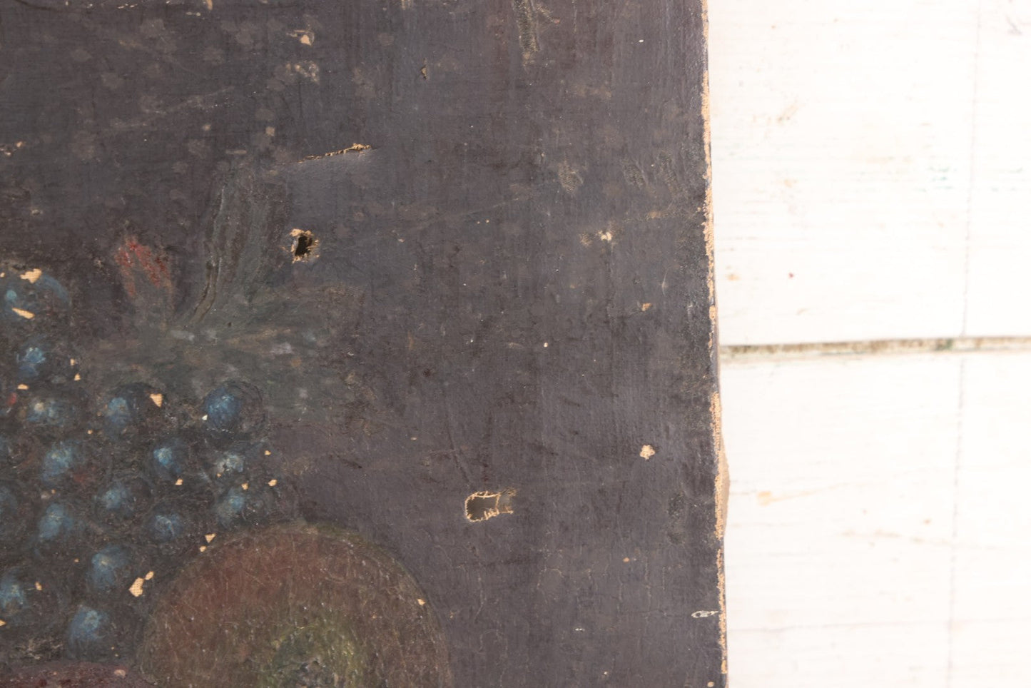 Lot 031 - Antique 19th Century Oil On Canvas Still Life Painting Of Fruit, Apples, Grapes, Etc., Note Heavy Wear And Tear, Poor Condition, Artist Signed Lower Right, Illegible, 20" x 14"