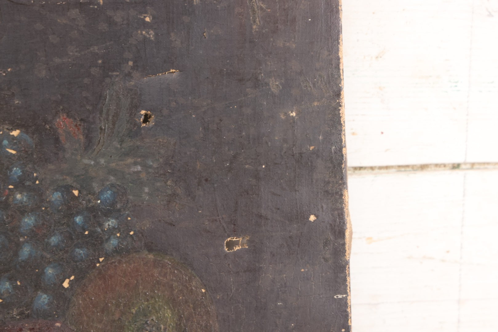 Lot 031 - Antique 19th Century Oil On Canvas Still Life Painting Of Fruit, Apples, Grapes, Etc., Note Heavy Wear And Tear, Poor Condition, Artist Signed Lower Right, Illegible, 20" x 14"