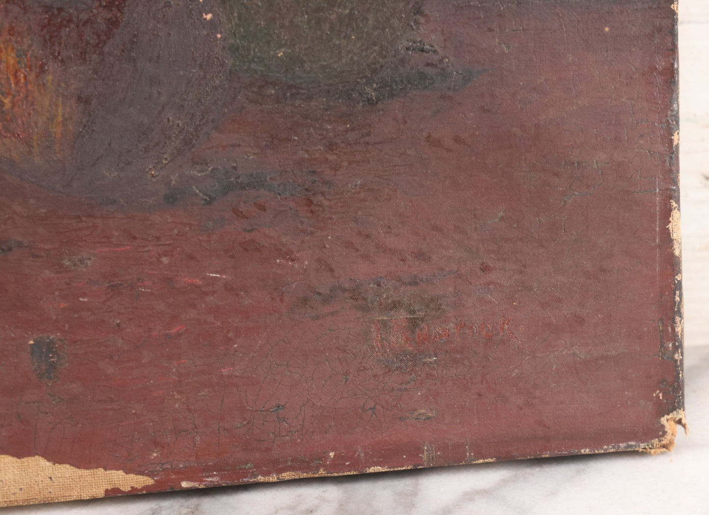 Lot 031 - Antique 19th Century Oil On Canvas Still Life Painting Of Fruit, Apples, Grapes, Etc., Note Heavy Wear And Tear, Poor Condition, Artist Signed Lower Right, Illegible, 20" x 14"