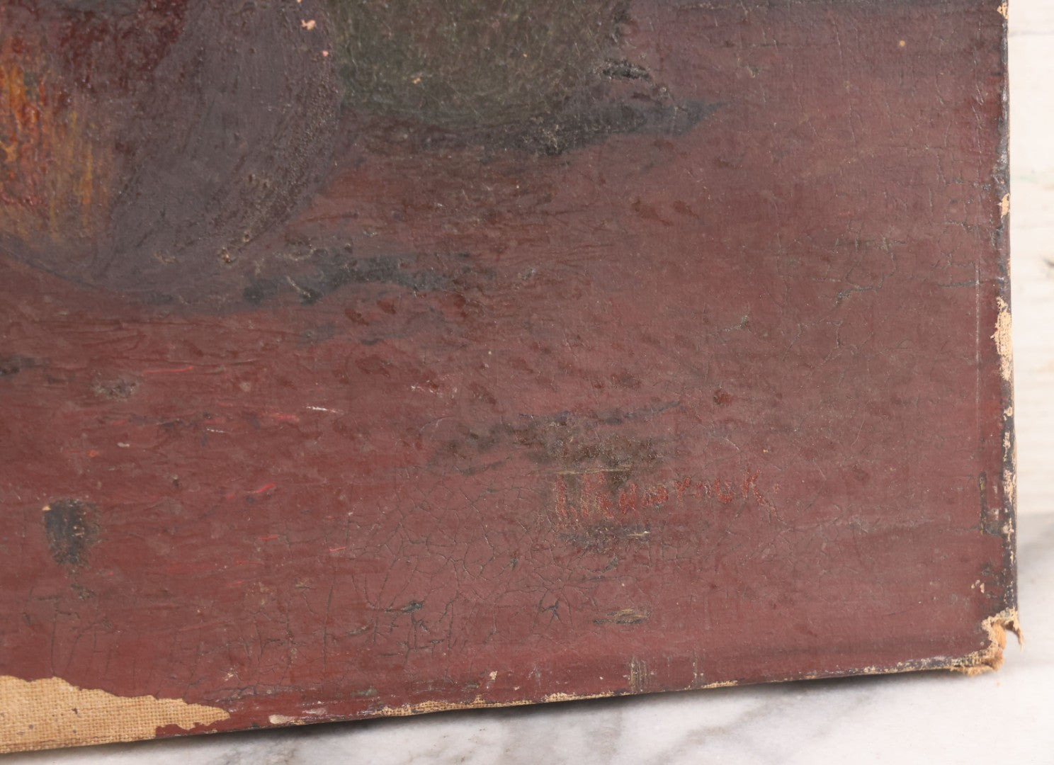 Lot 031 - Antique 19th Century Oil On Canvas Still Life Painting Of Fruit, Apples, Grapes, Etc., Note Heavy Wear And Tear, Poor Condition, Artist Signed Lower Right, Illegible, 20" x 14"