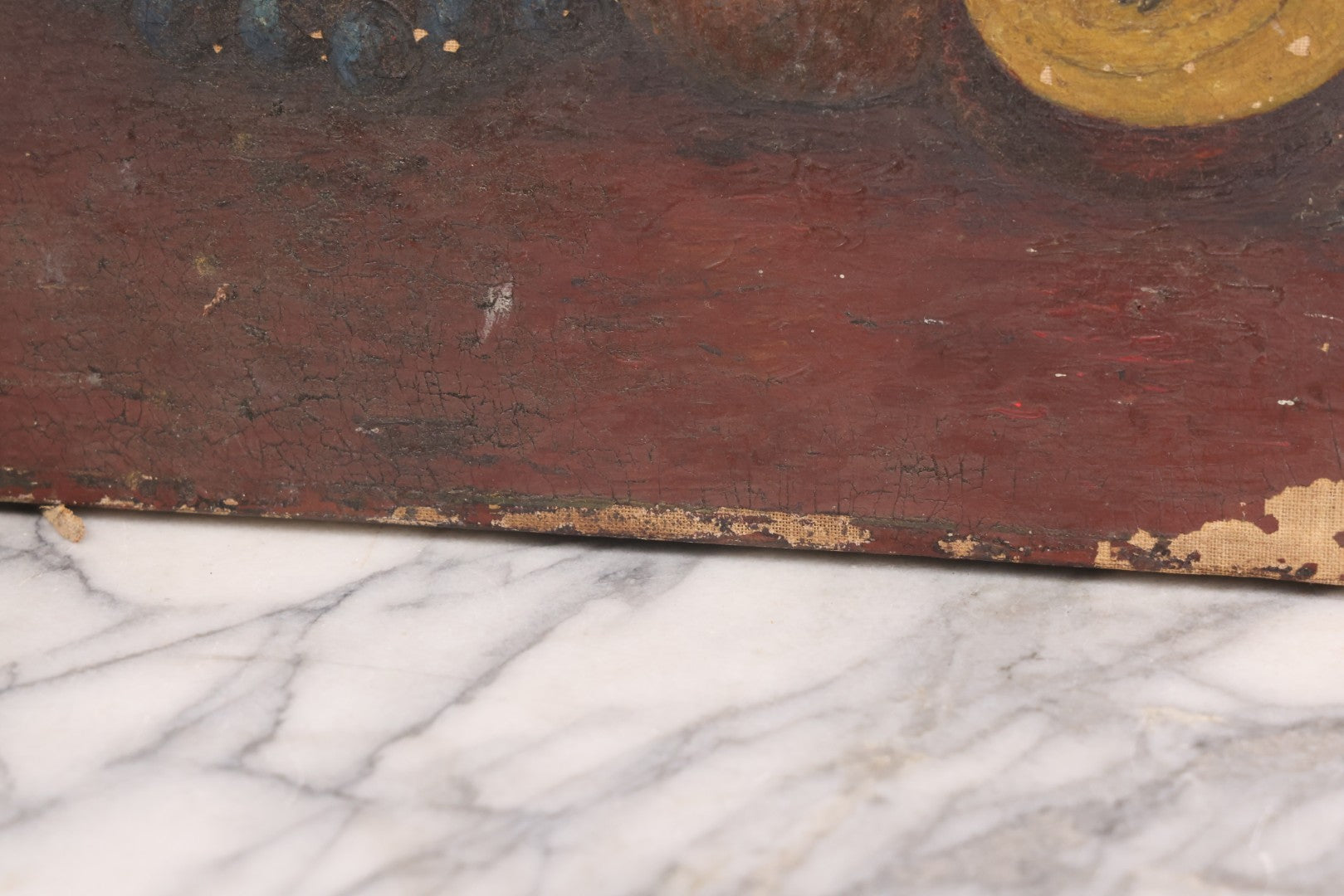 Lot 031 - Antique 19th Century Oil On Canvas Still Life Painting Of Fruit, Apples, Grapes, Etc., Note Heavy Wear And Tear, Poor Condition, Artist Signed Lower Right, Illegible, 20" x 14"