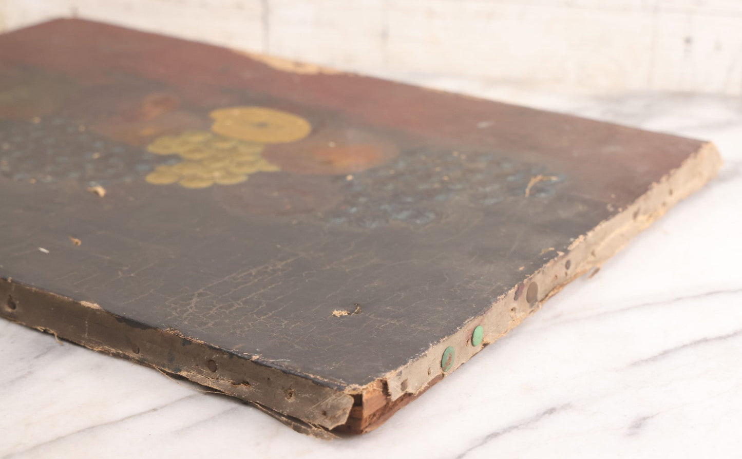 Lot 031 - Antique 19th Century Oil On Canvas Still Life Painting Of Fruit, Apples, Grapes, Etc., Note Heavy Wear And Tear, Poor Condition, Artist Signed Lower Right, Illegible, 20" x 14"