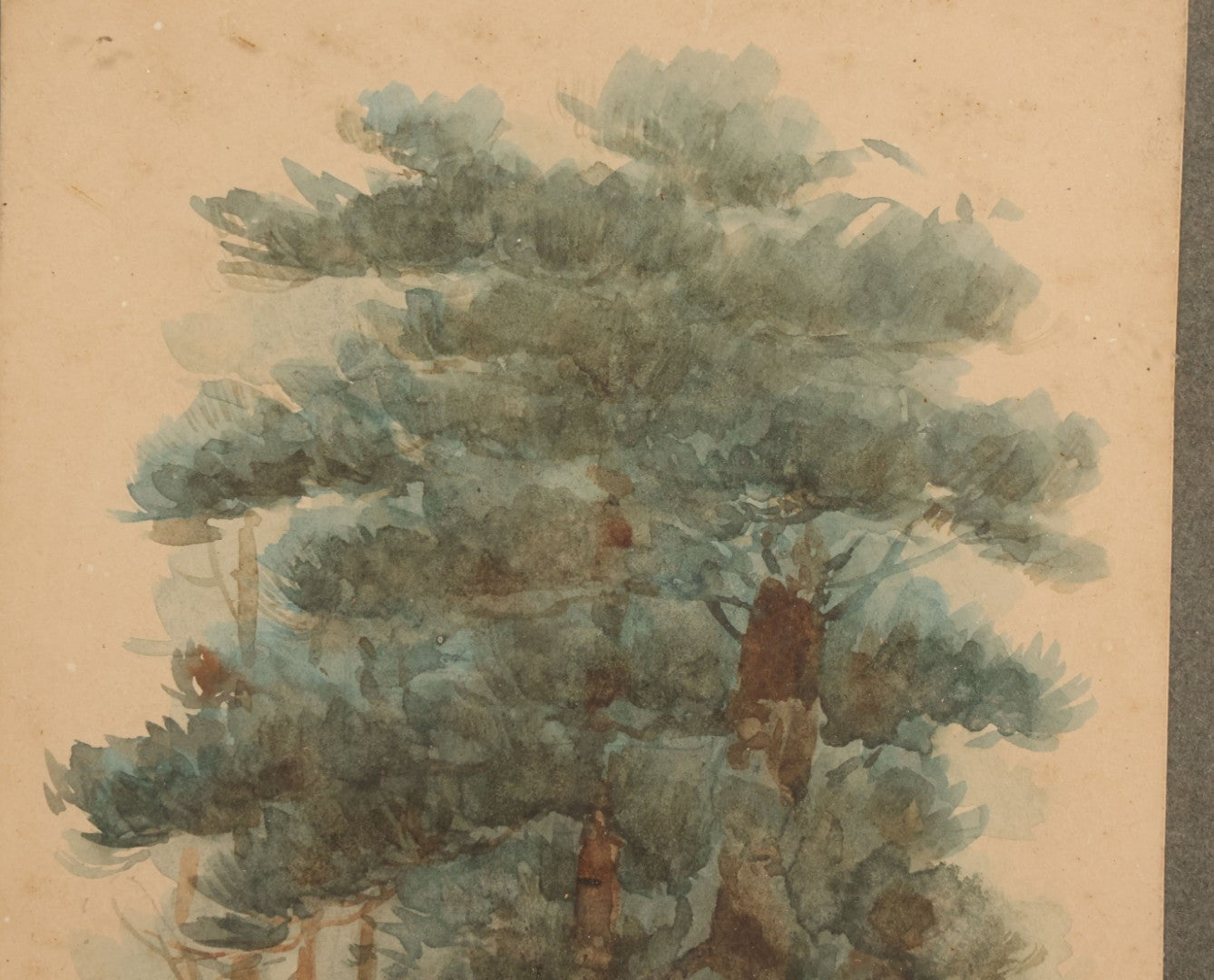 Lot 032 - Antique Watercolor Landscape Painting Of Pine Trees, Woods, Titled "Under The Pines," Unsigned, In Original Frame, Framed By Wilbur Emery Window Shades And And Picture Framing, Meredith, New Hampshire, 7-7/8" x 11-7/8"