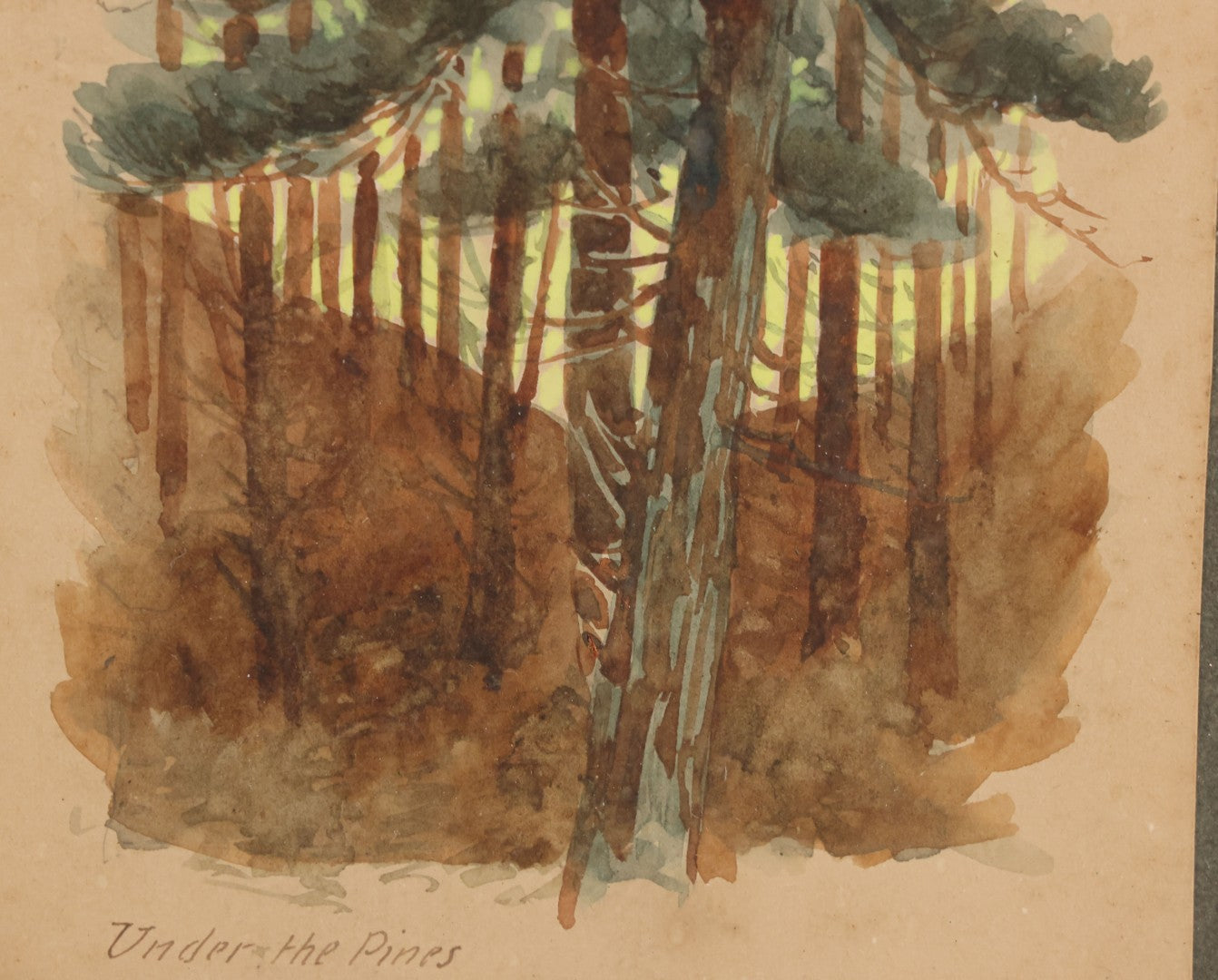 Lot 032 - Antique Watercolor Landscape Painting Of Pine Trees, Woods, Titled "Under The Pines," Unsigned, In Original Frame, Framed By Wilbur Emery Window Shades And And Picture Framing, Meredith, New Hampshire, 7-7/8" x 11-7/8"