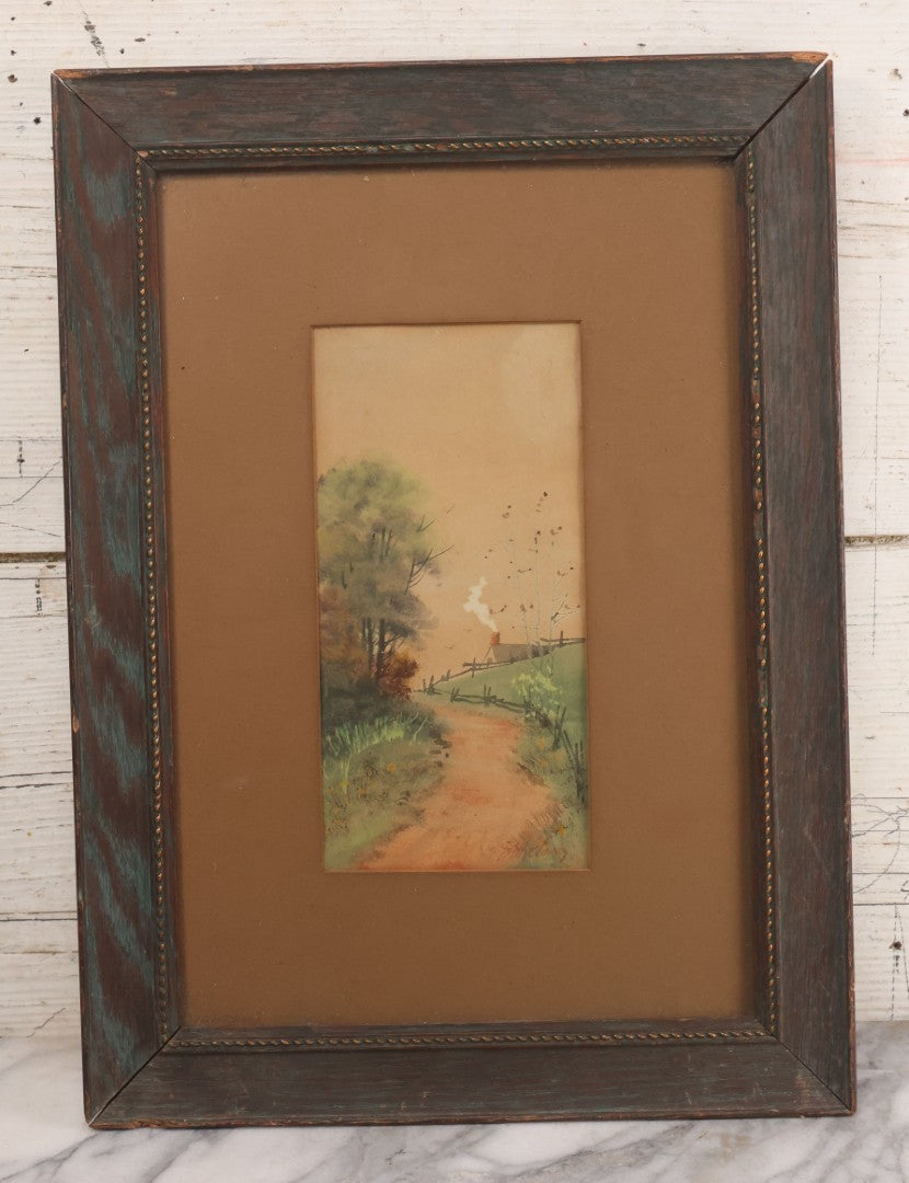 Lot 033 - Antique Watercolor Landscape Painting Of A Dirt Trail Leading To A Cabin With Smoking Chimney, Trees And Fall Foliage, Artist Signed Jones, Lower Right, In Frame, 12-1/4" x 16-5/8"