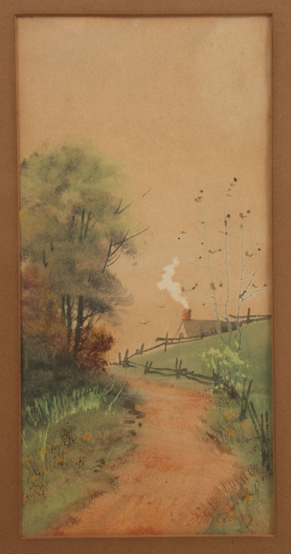 Lot 033 - Antique Watercolor Landscape Painting Of A Dirt Trail Leading To A Cabin With Smoking Chimney, Trees And Fall Foliage, Artist Signed Jones, Lower Right, In Frame, 12-1/4" x 16-5/8"