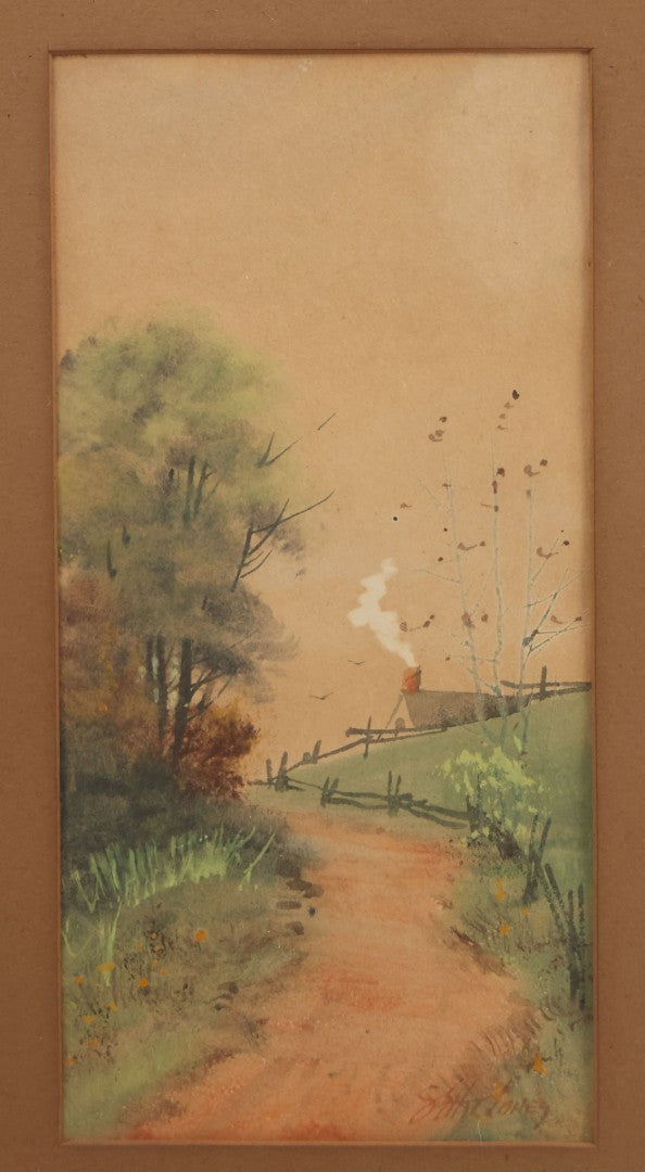Lot 033 - Antique Watercolor Landscape Painting Of A Dirt Trail Leading To A Cabin With Smoking Chimney, Trees And Fall Foliage, Artist Signed Jones, Lower Right, In Frame, 12-1/4" x 16-5/8"