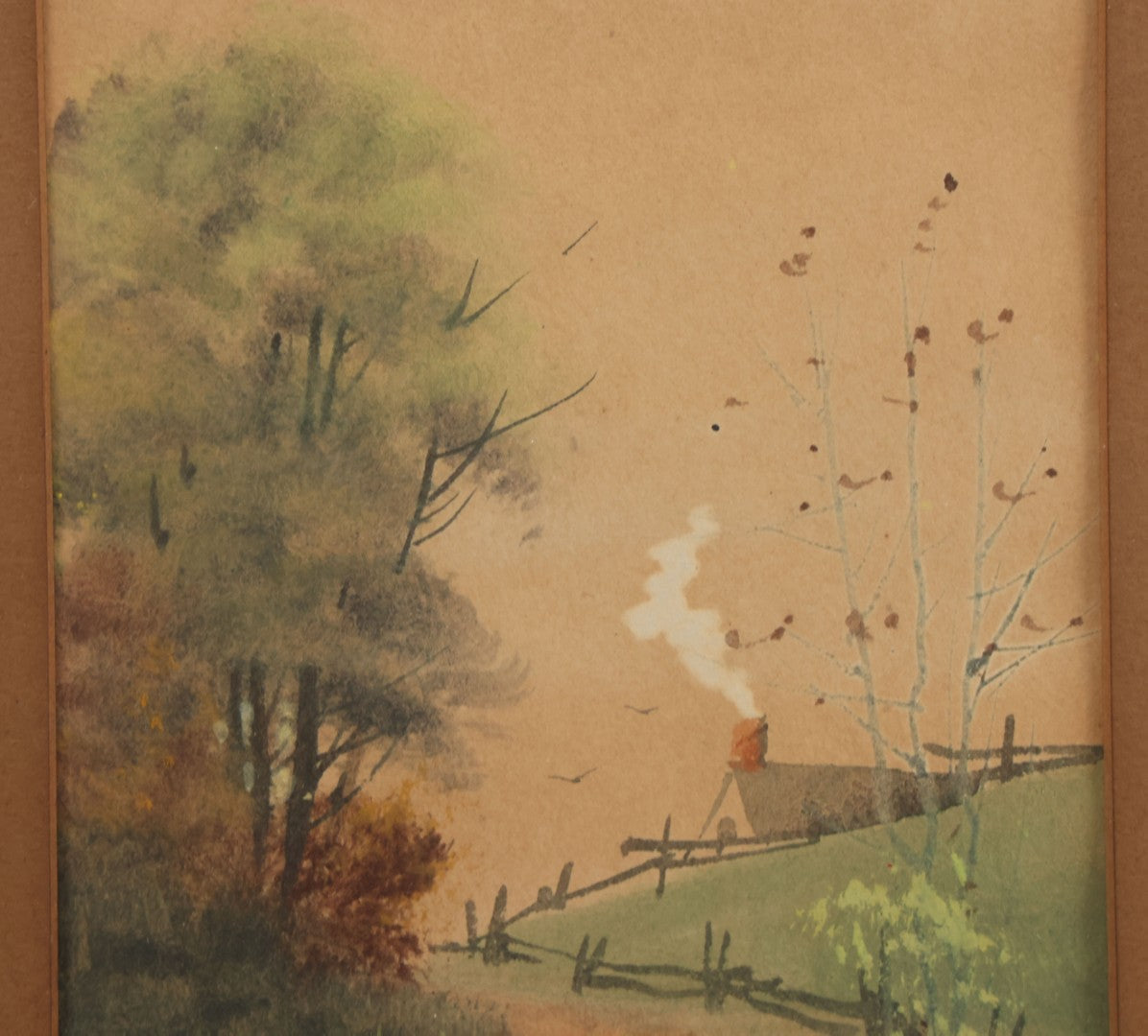Lot 033 - Antique Watercolor Landscape Painting Of A Dirt Trail Leading To A Cabin With Smoking Chimney, Trees And Fall Foliage, Artist Signed Jones, Lower Right, In Frame, 12-1/4" x 16-5/8"
