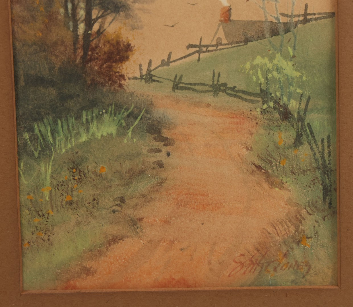 Lot 033 - Antique Watercolor Landscape Painting Of A Dirt Trail Leading To A Cabin With Smoking Chimney, Trees And Fall Foliage, Artist Signed Jones, Lower Right, In Frame, 12-1/4" x 16-5/8"