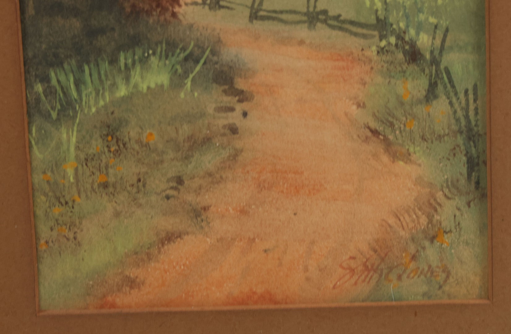 Lot 033 - Antique Watercolor Landscape Painting Of A Dirt Trail Leading To A Cabin With Smoking Chimney, Trees And Fall Foliage, Artist Signed Jones, Lower Right, In Frame, 12-1/4" x 16-5/8"