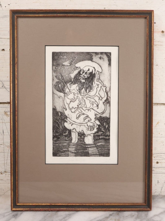 Lot 034 - Vintage Etching Numbered Artist Proof Print 9/15 Of Leonardo Da Vinci, Titled "Leonardo In The Marshes," Artist Signed A. Senna Lower Right, With "Merry Christmas" Inscription, Dated 1973, In Modern Frame, 11-3/4" x 16-1/2"