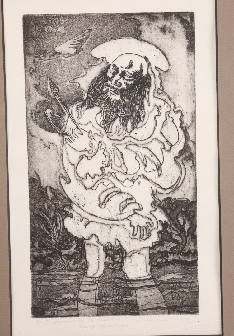 Lot 034 - Vintage Etching Numbered Artist Proof Print 9/15 Of Leonardo Da Vinci, Titled "Leonardo In The Marshes," Artist Signed A. Senna Lower Right, With "Merry Christmas" Inscription, Dated 1973, In Modern Frame, 11-3/4" x 16-1/2"