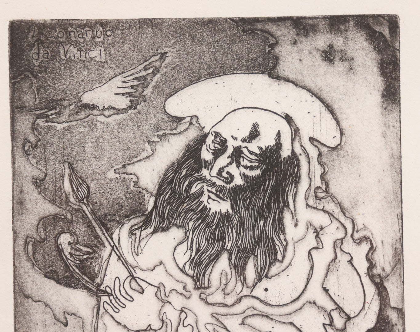 Lot 034 - Vintage Etching Numbered Artist Proof Print 9/15 Of Leonardo Da Vinci, Titled "Leonardo In The Marshes," Artist Signed A. Senna Lower Right, With "Merry Christmas" Inscription, Dated 1973, In Modern Frame, 11-3/4" x 16-1/2"